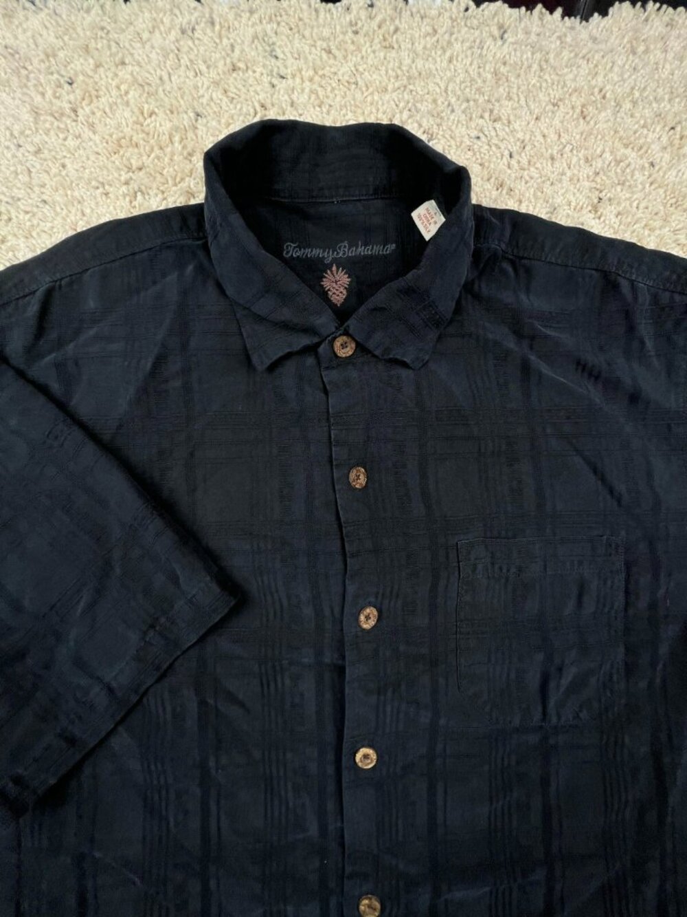 Tommy Bahama ALL SILK Hawaiian Button Up Camp Shirt Luau S/S Large Black Plaid